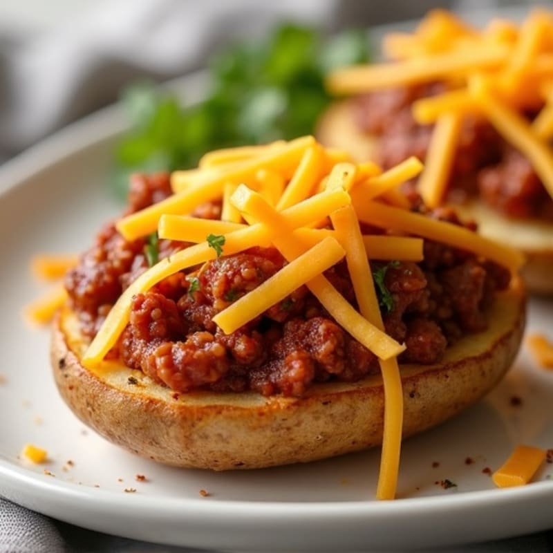 Crispy Baked Potato Skins with Lean Beef Chili and Sharp Cheddar