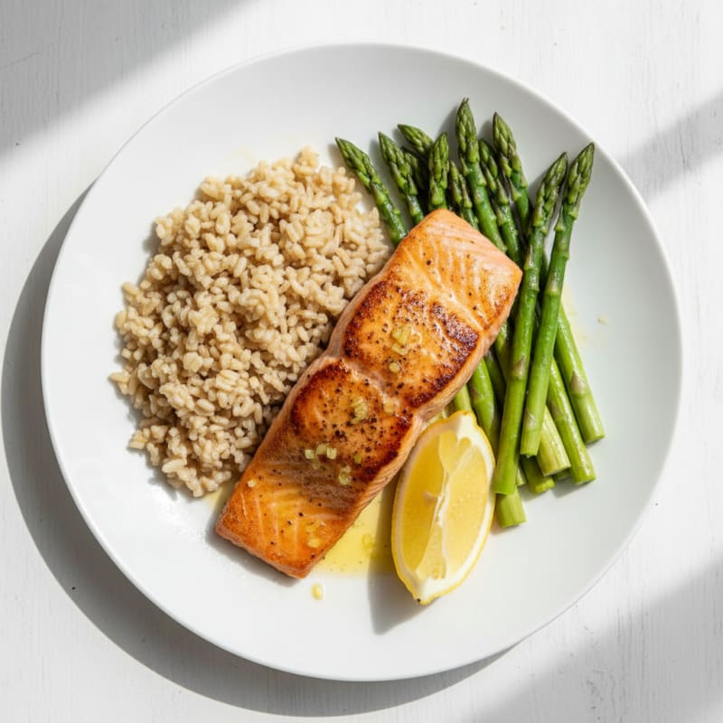 Seared Salmon Fillet with Steamed Asparagus and Brown Rice
