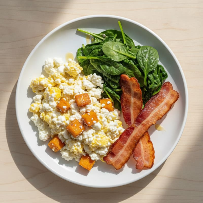 Cottage Cheese Egg White Scramble with Sautéed Spinach and Turkey Bacon