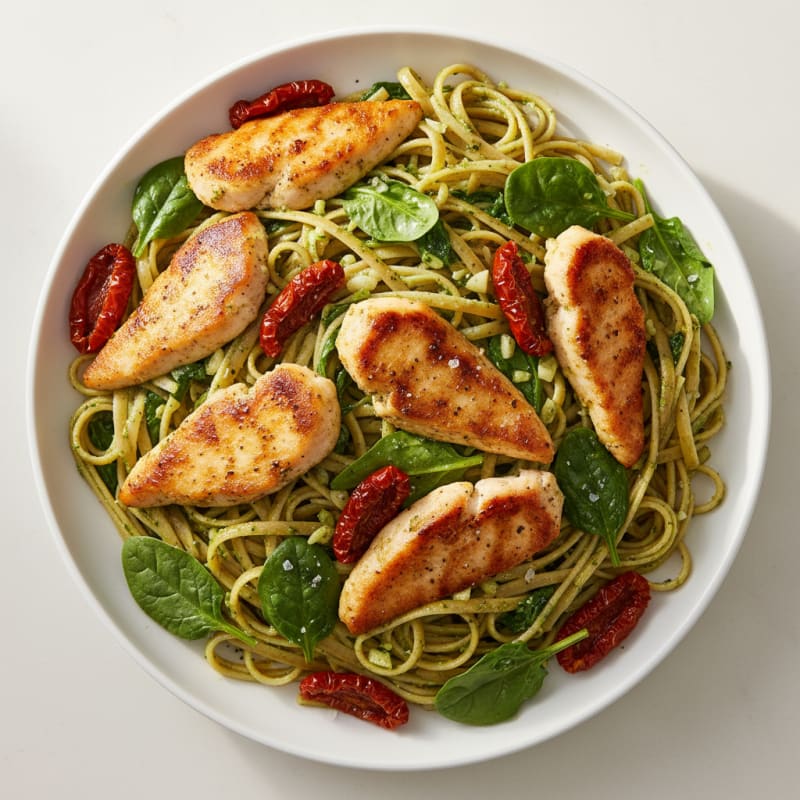 Pesto Chicken Linguine with Sun-Dried Tomatoes
