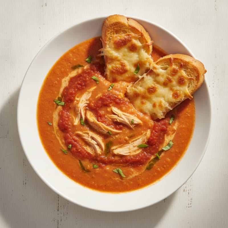 Roasted Tomato Basil Soup with Parmesan Crostini