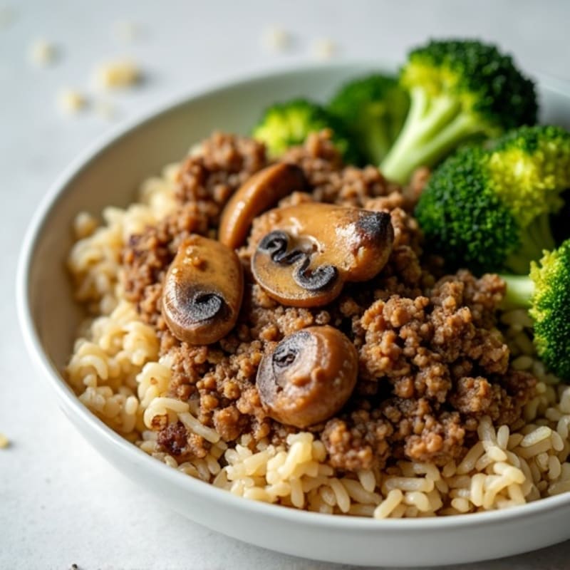 Lean Ground Turkey and Mushroom Skillet with Parmesan Rice and Roasted Broccoli