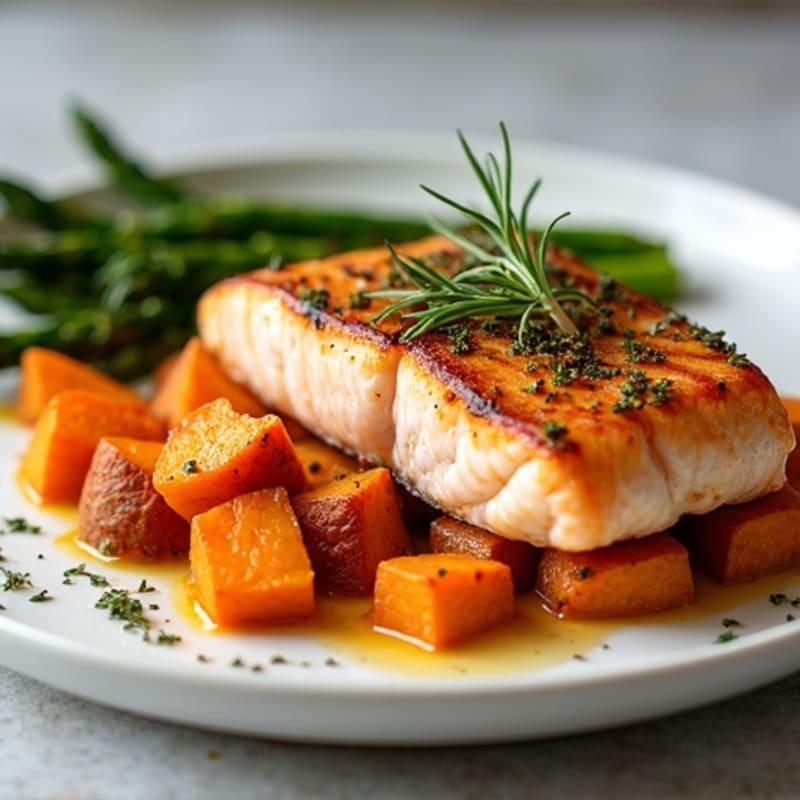 Seared Salmon Fillet with Herb-Roasted Sweet Potatoes and Asparagus