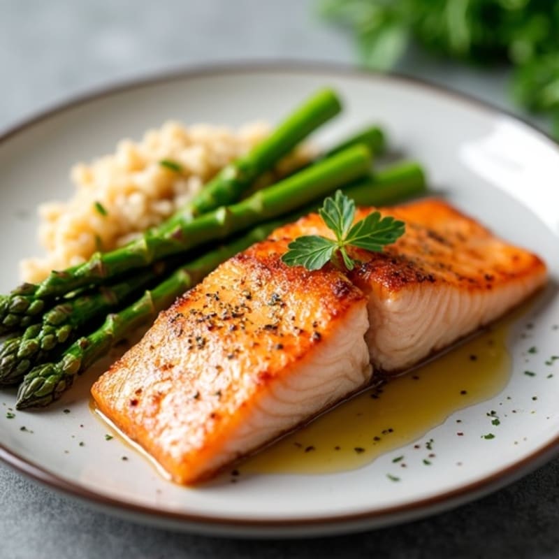Seared Salmon Fillet with Steamed Asparagus and Brown Rice