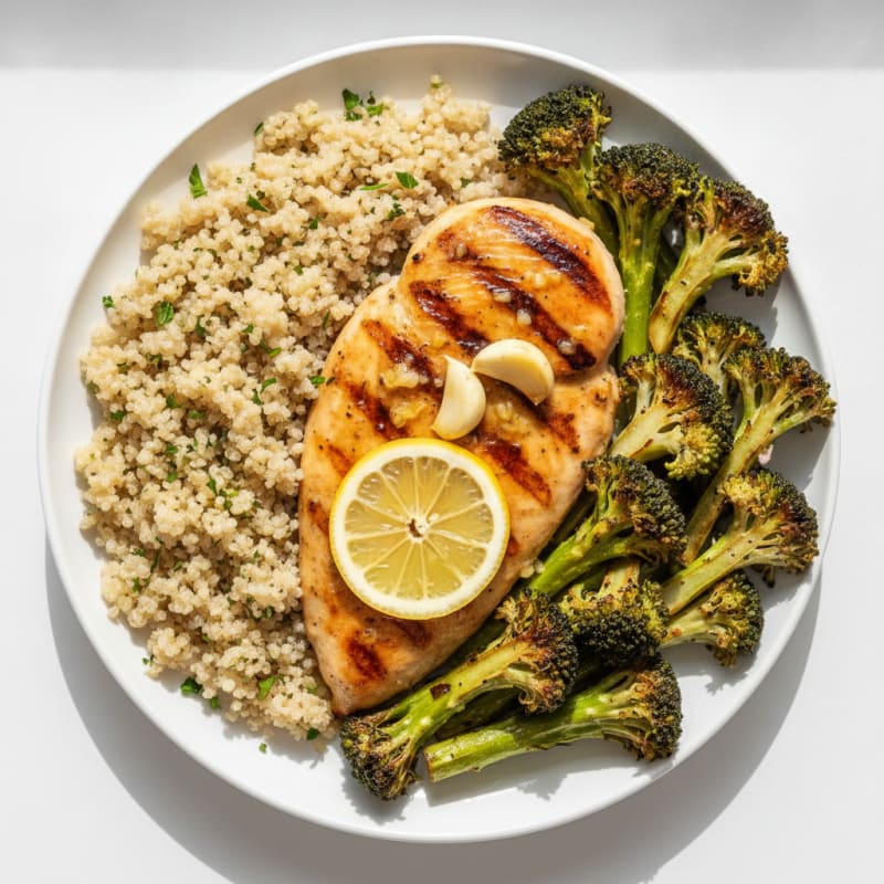 Grilled Lemon Garlic Chicken Breast with Quinoa and Roasted Broccoli
