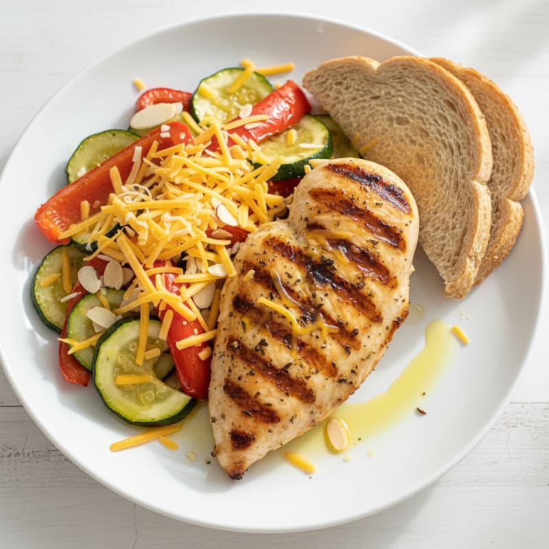 Grilled Chicken Breast with Roasted Vegetables and Shredded Cheese