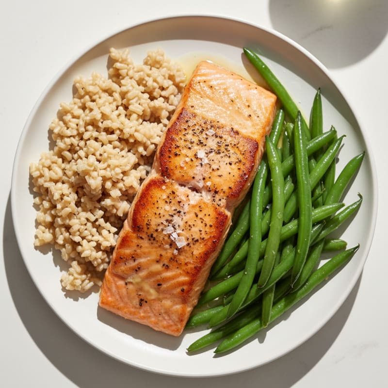 Seared Salmon with Steamed Green Beans and Brown Rice