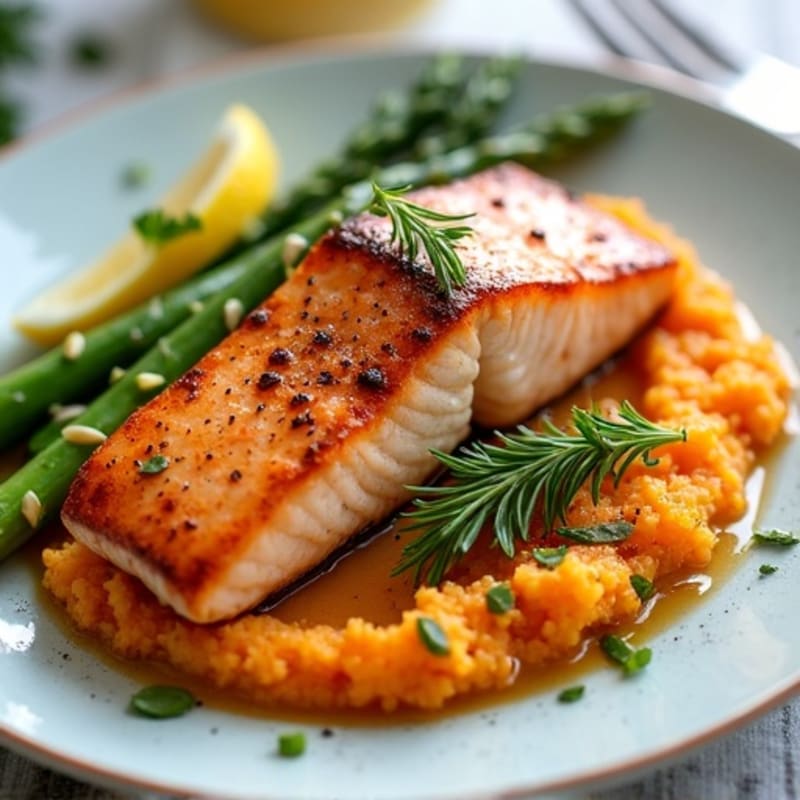 Seared Salmon with Roasted Asparagus and Sweet Potato Mash