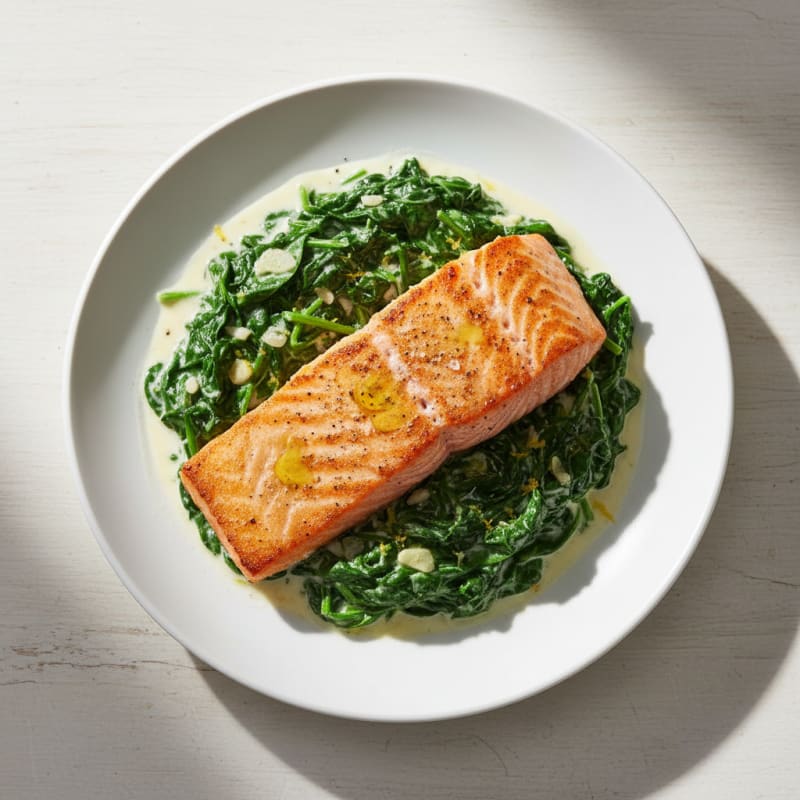 Golden Pan-Seared Salmon with Creamy Spinach