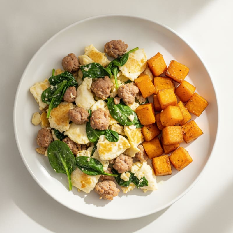Egg White and Turkey Sausage Scramble with Spinach and Roasted Sweet Potato