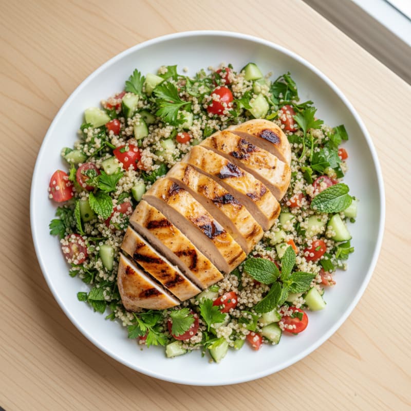 Grilled Chicken Breast with Quinoa Tabbouleh and Fresh Cucumber