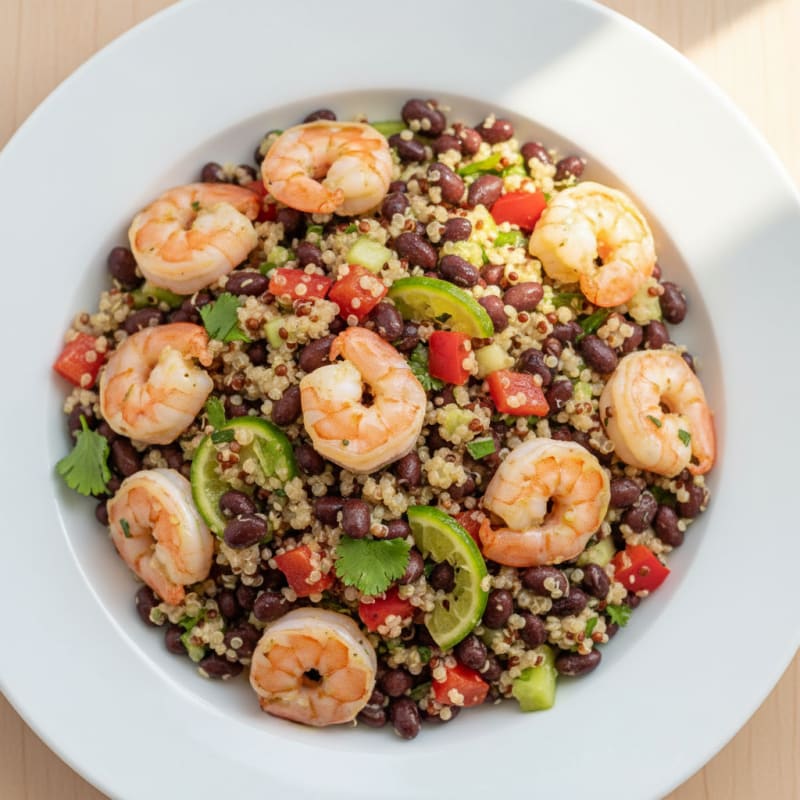High-Protein Quinoa and Black Bean Salad with Chilled Shrimp