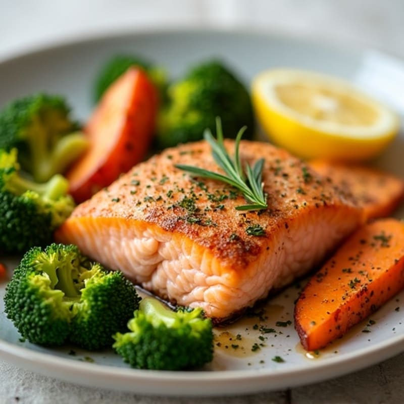 Flaky Citrus-Dill Baked Salmon with Roasted Sweet Potatoes and Broccoli