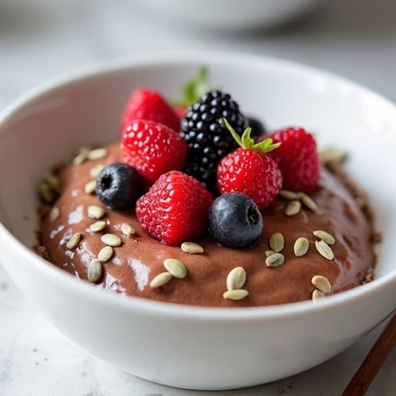 Creamy Chocolate Protein Pudding with Berry Compote and Crunchy Seed Crumble