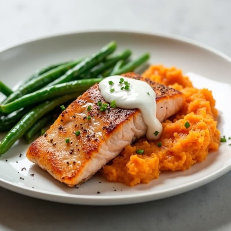 Baked Salmon Fillet with Steamed Green Beans and Sweet Potato Mash
