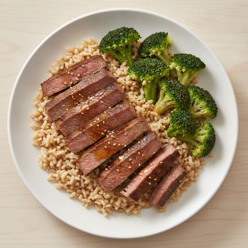 Seared Beef Strips with Steamed Broccoli and Brown Rice