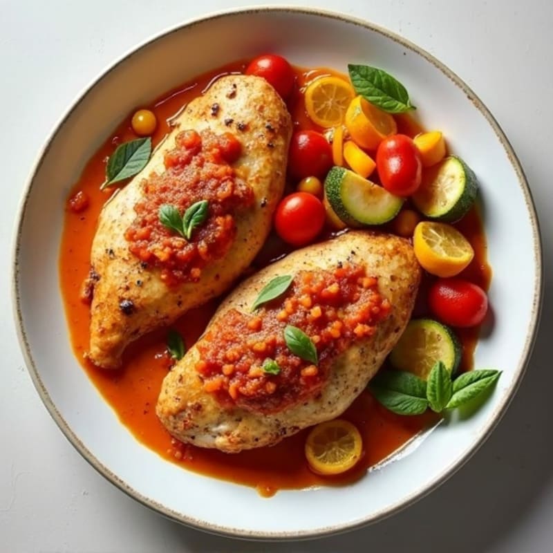 Creamy Spiced Tomato Chicken with Roasted Vegetables