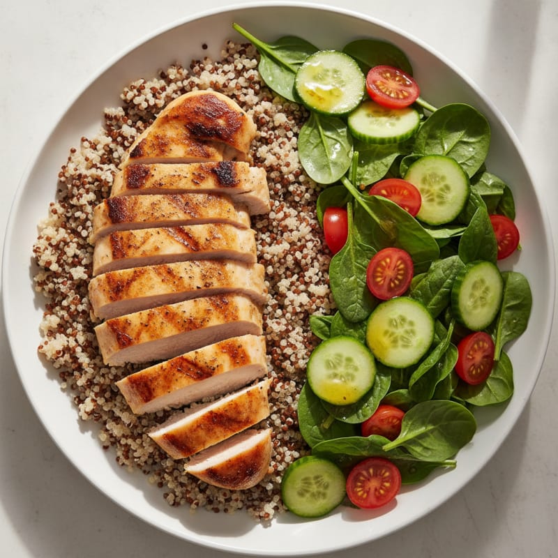 Grilled Chicken Breast with Quinoa and Fresh Spinach Salad