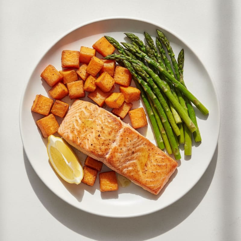 Seared Salmon with Roasted Sweet Potatoes and Asparagus