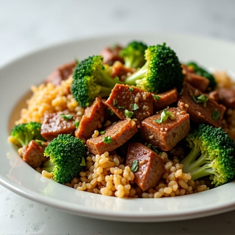 Savory Garlic-Ginger Beef with Crisp Broccoli and Brown Rice