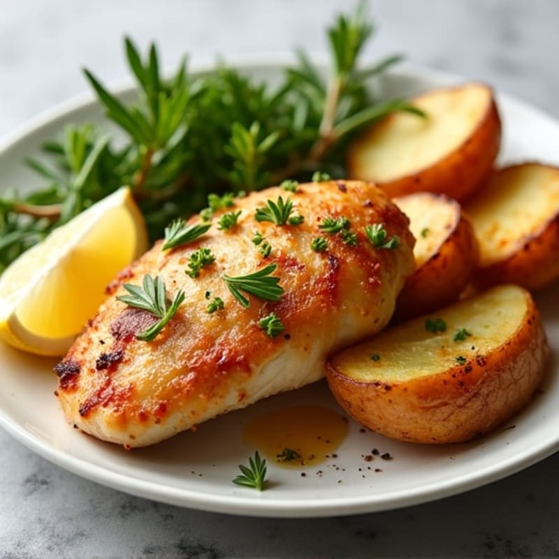 Crispy Lemon-Herb Roasted Chicken with Roasted Potato Wedges