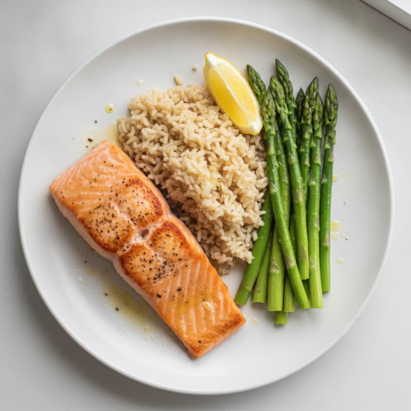 Seared Salmon with Steamed Asparagus and Brown Rice