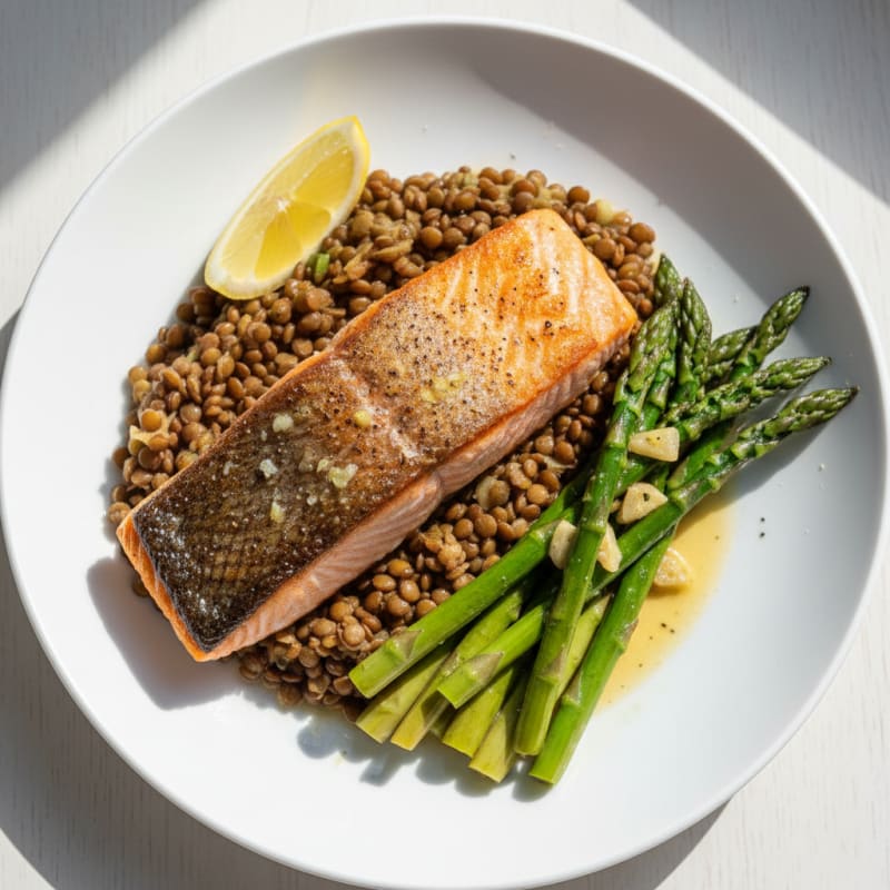 Pan-Seared Salmon Fillet with Garlic Asparagus and Lentil Mash
