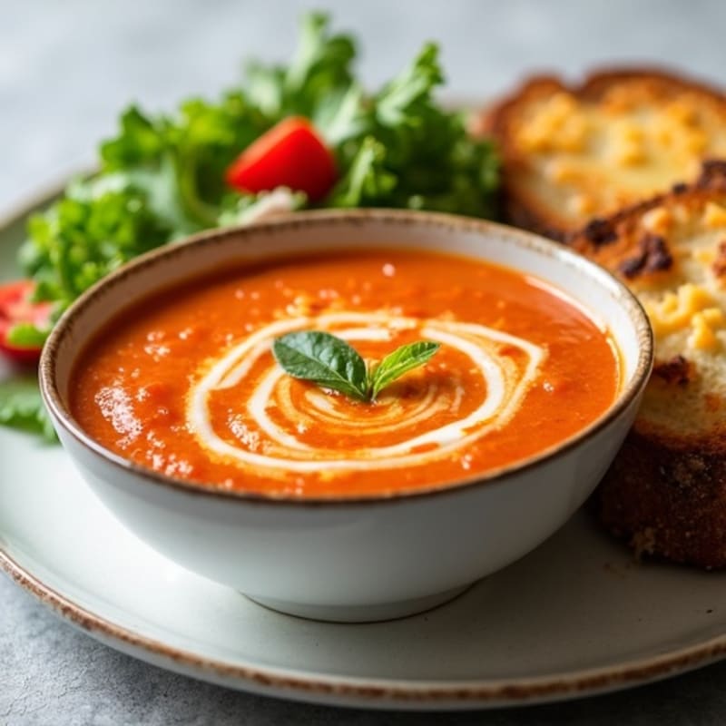 Creamy Roasted Tomato Soup with Crispy Cheddar Sourdough and Fresh Green Salad