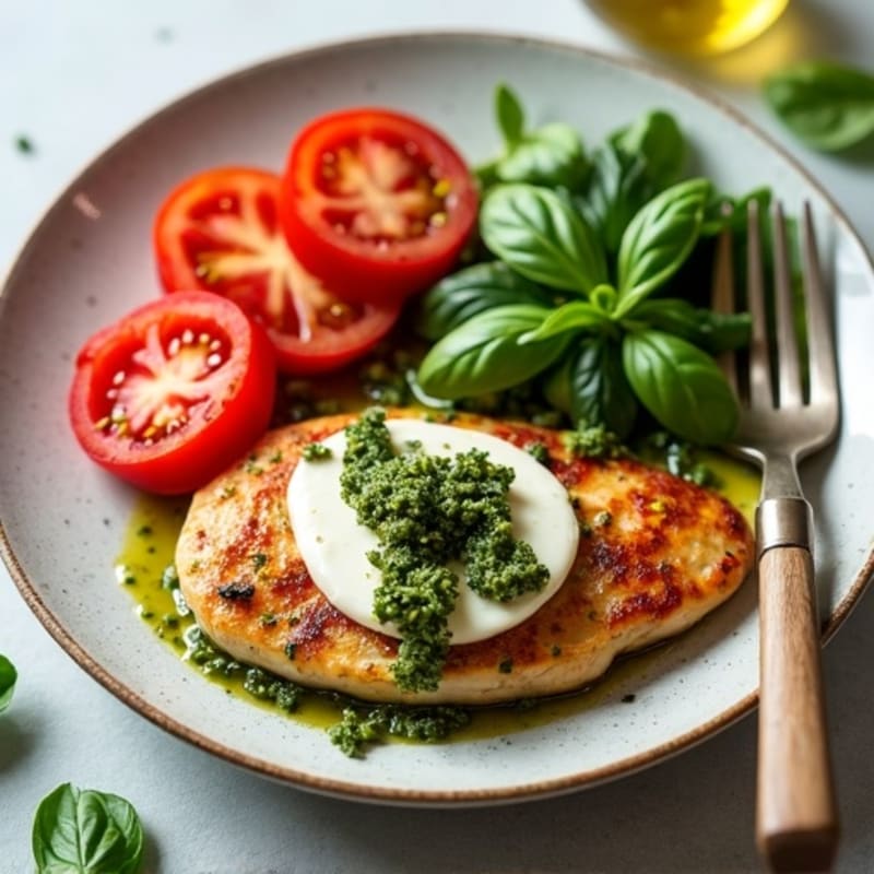 Pan-Seared Chicken with Fresh Tomato, Creamy Mozzarella, and Basil Pesto