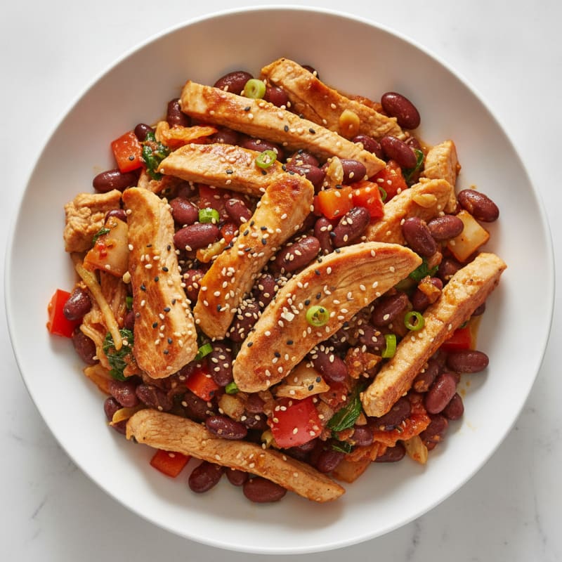 Turkey Breast Stir-Fry with Black Beans, Red Kidney Beans, and Kimchi