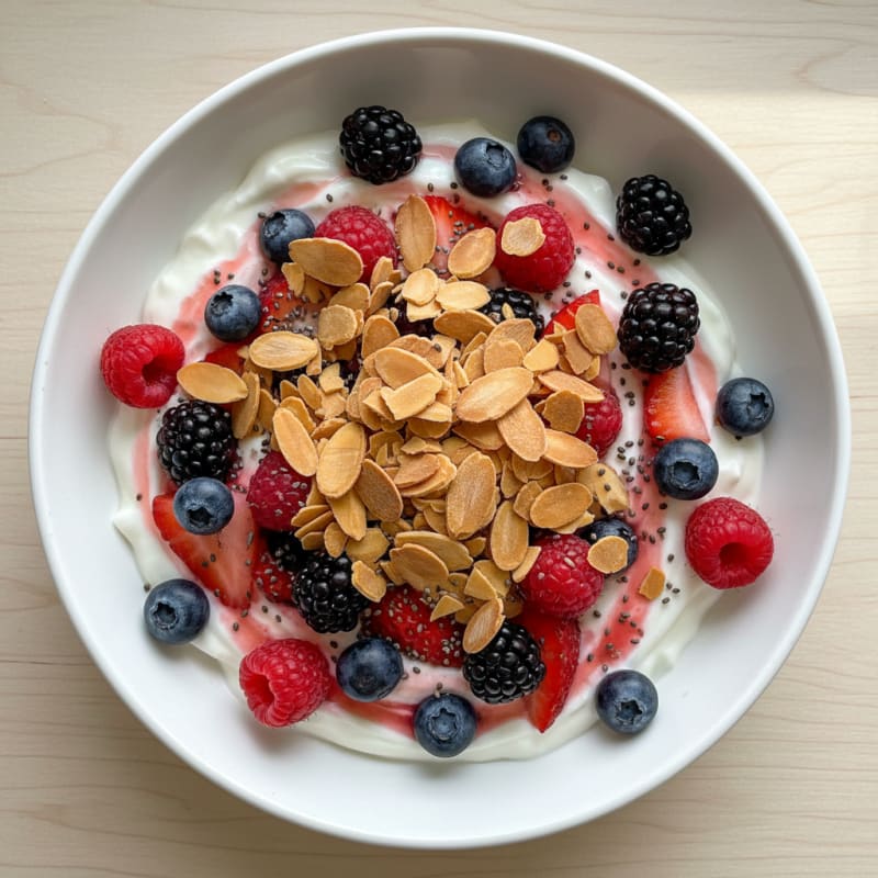 Greek Yogurt Protein Parfait with Mixed Berries and Almonds