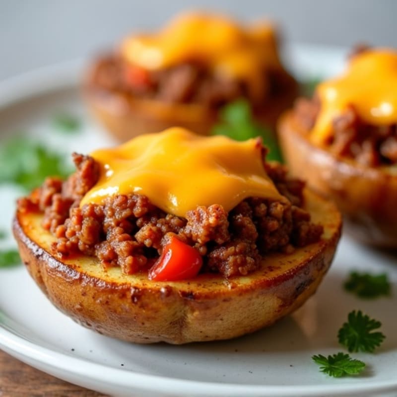 Crispy Baked Potato Skins with Hearty Beef Chili and Melted Cheddar