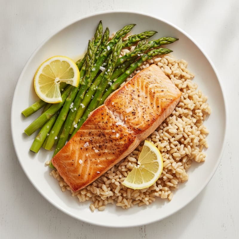 Seared Salmon Fillet with Steamed Asparagus and Brown Rice