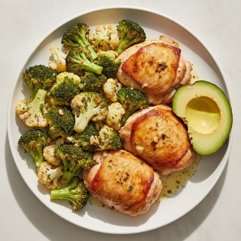 Oven-Baked Chicken Thighs with Roasted Broccoli and Cauliflower