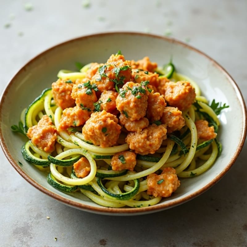 Spicy Ground Chicken with Creamy Peanut Sesame Zucchini Noodles
