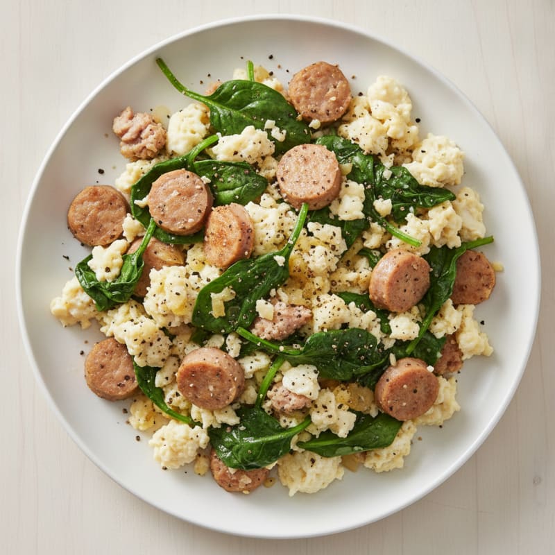 Egg White Scramble with Turkey Sausage and Sautéed Spinach