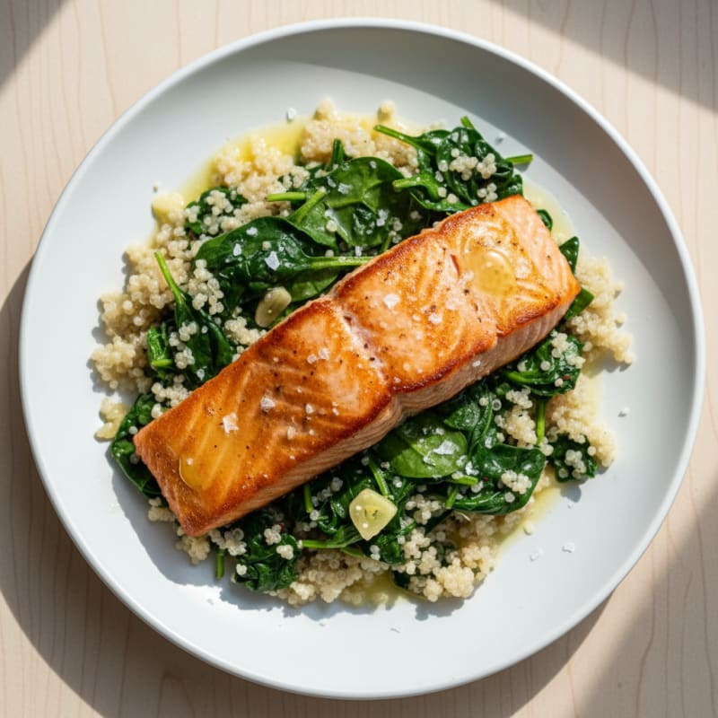 Seared Salmon Fillet with Garlic Spinach and Quinoa