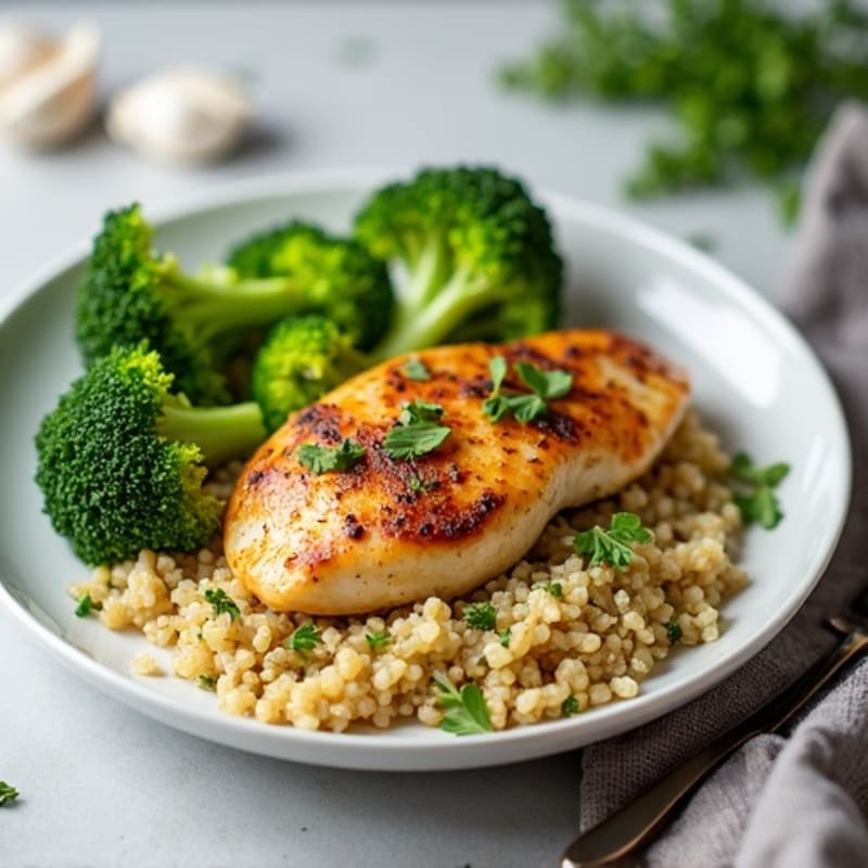 Oven-Baked Chicken Breast with Steamed Broccoli and Garlic Herb Quinoa