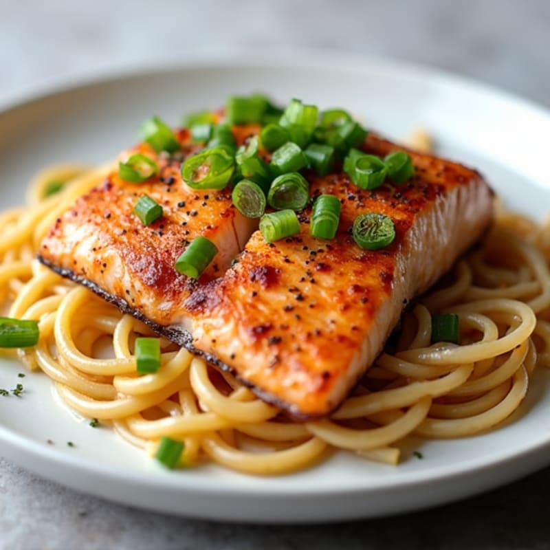 Seared Salmon with Garlic Noodle Stir Fry