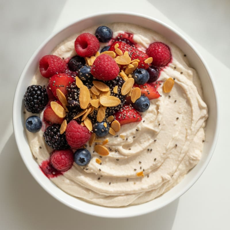 Creamy Greek Yogurt with Mixed Berries and Vanilla Protein Powder