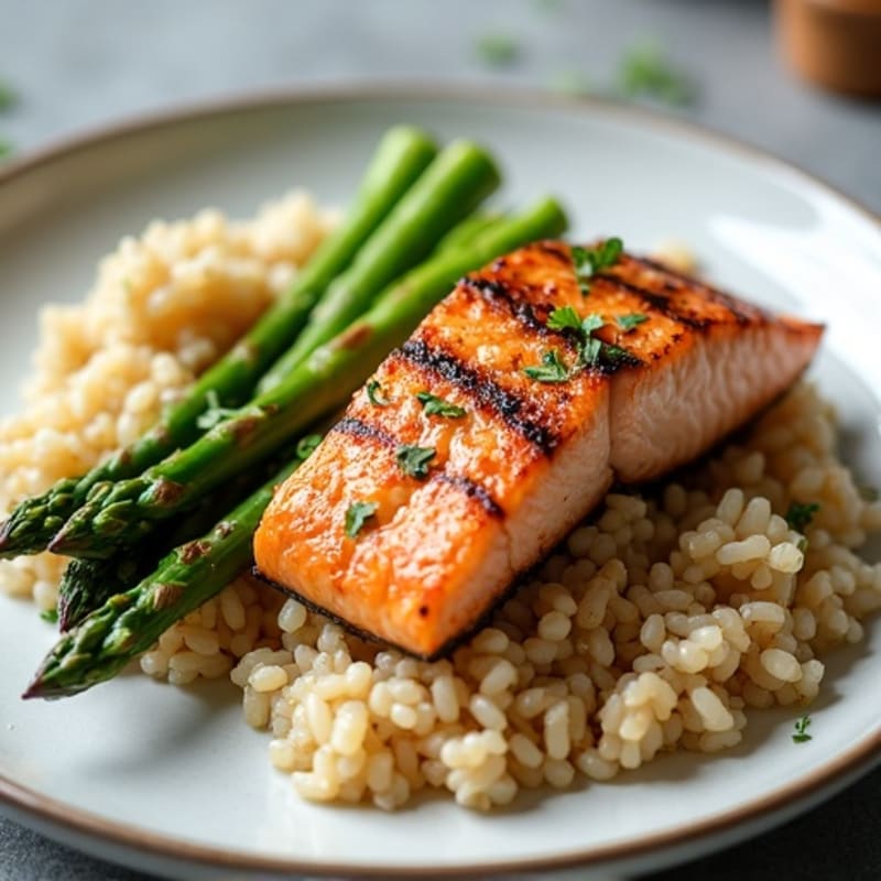 Seared Salmon with Steamed Asparagus and Brown Rice
