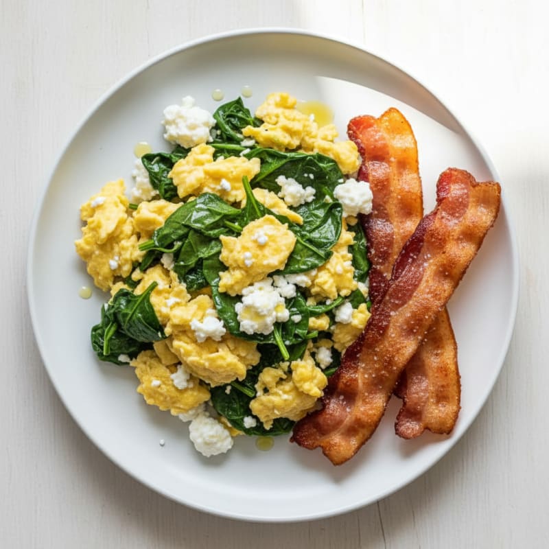Cottage Cheese Egg Scramble with Spinach and Turkey Bacon