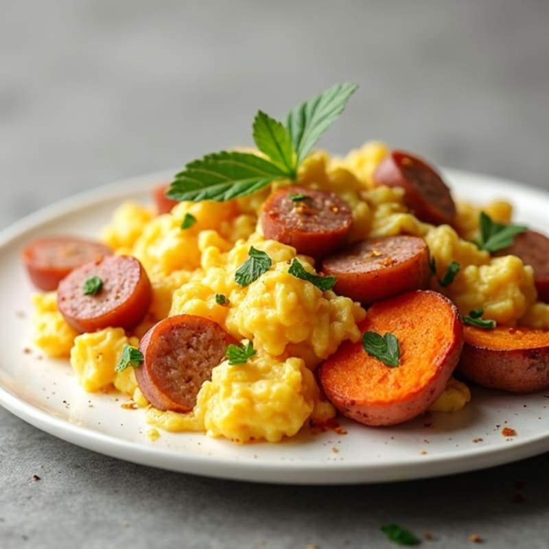 Lean Turkey Sausage and Egg Scramble with Roasted Sweet Potatoes