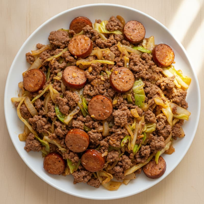Ground Beef and Kielbasa Cabbage Skillet