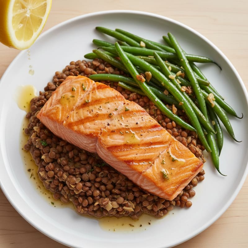 Seared Salmon Fillet with Garlic Green Beans and Lentil Mash