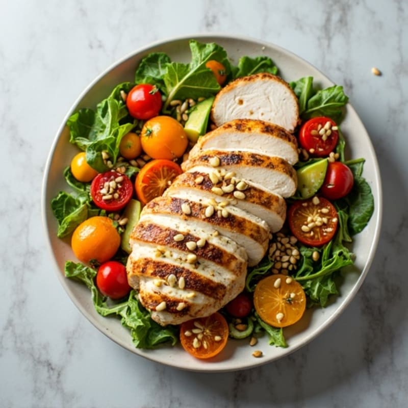 Grilled Chicken Breast Salad with Roasted Vegetables and Pumpkin Seeds