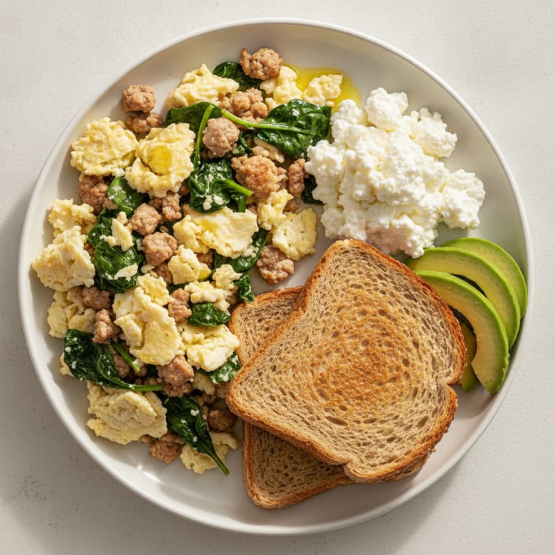 Egg White and Turkey Spinach Scramble with Cottage Cheese