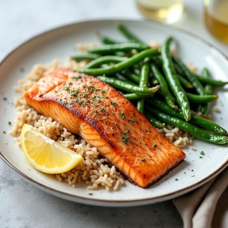 Seared Salmon with Garlic Green Beans and Brown Rice