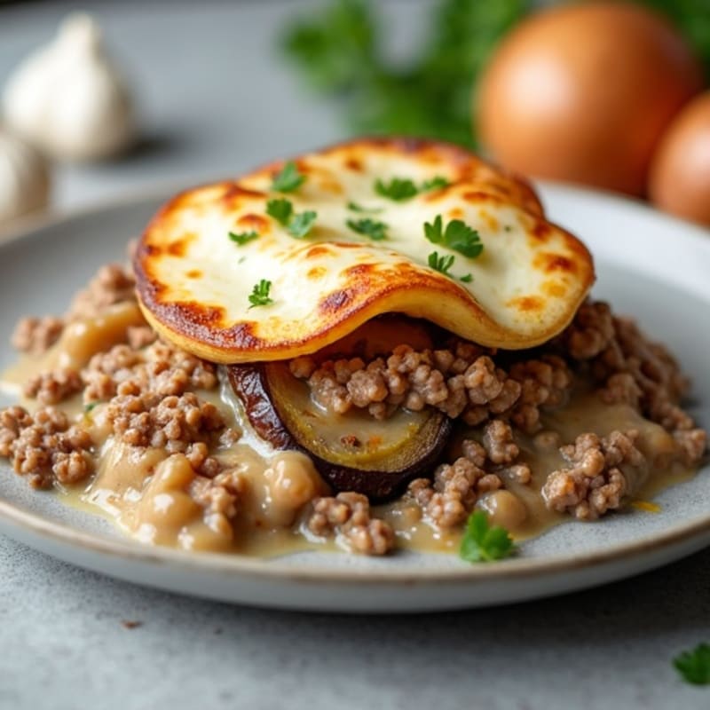 Creamy Lean Ground Beef and Roasted Eggplant Bake