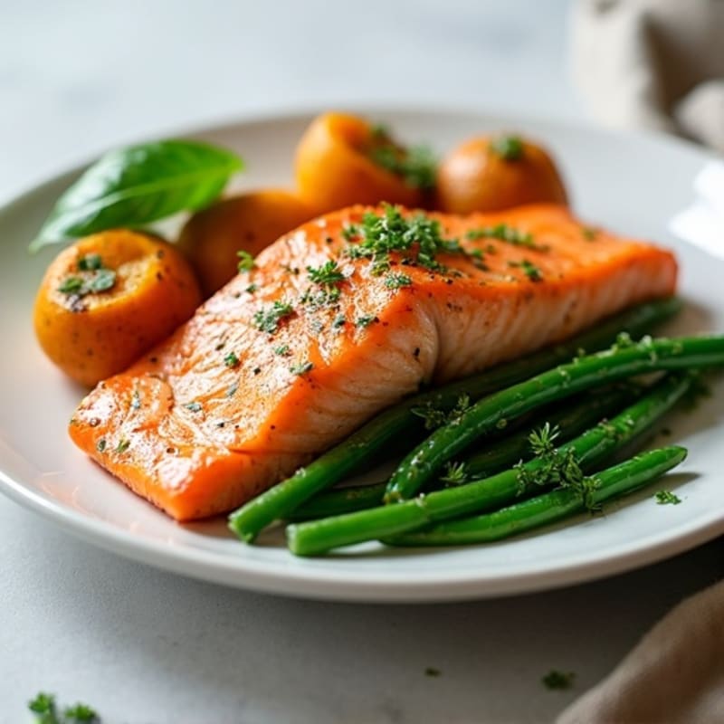 Seared Salmon with Garlic Green Beans and Roasted Sweet Potatoes